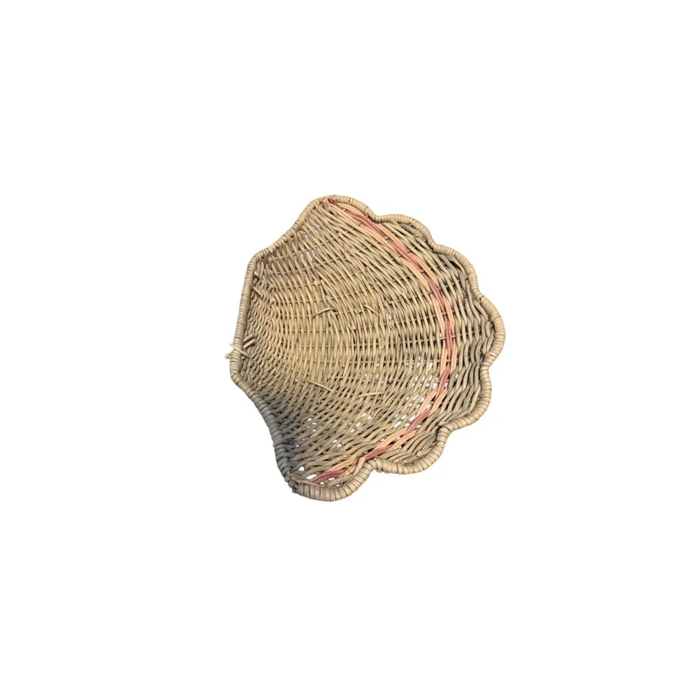 Vintage Woven Wicker Scalloped Shell Basket Coastal Nautical Decor Pink Accent